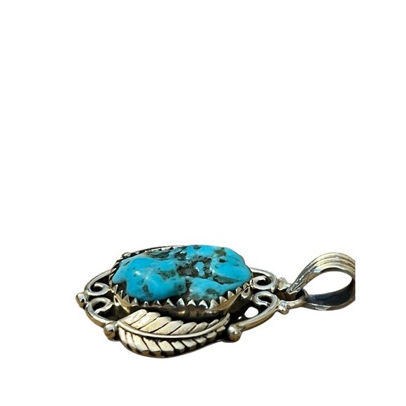 Sterling Silver Large Chunk Turquoise Pendant Navajo Native American Leaf Design - Picture 3 of 6